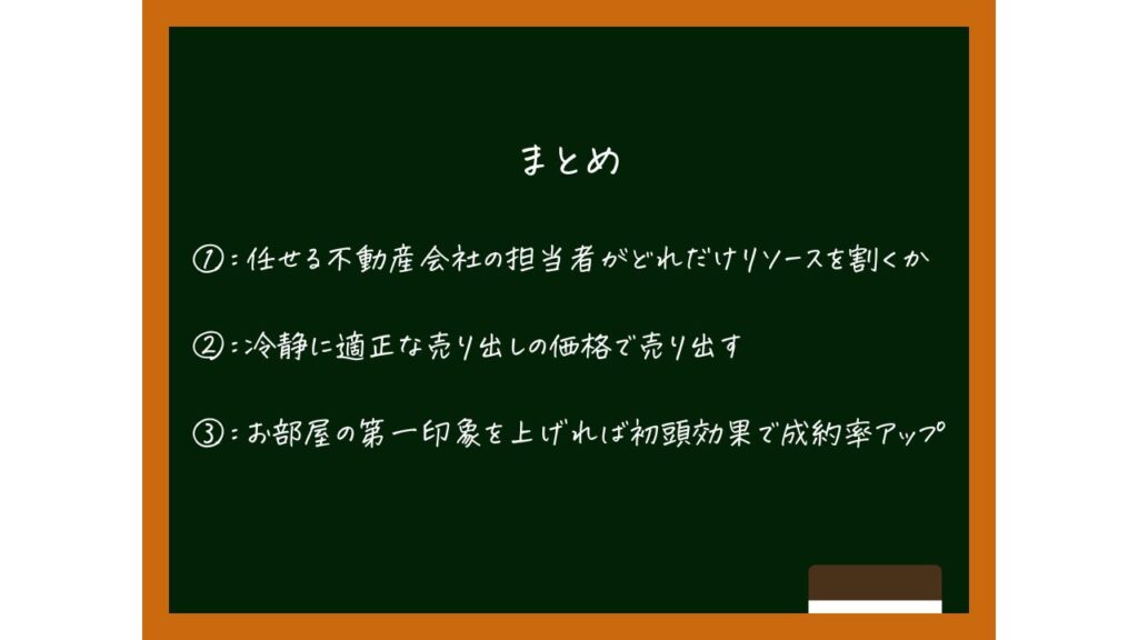 黒板に3つのポイントが書かれている
①任せる不動産会社の担当者がどれだけリソースを割くか
②冷静に適正な売り出しの価格で売り出す
③お部屋の第一印象を上げれば初頭効果で成約率アップ