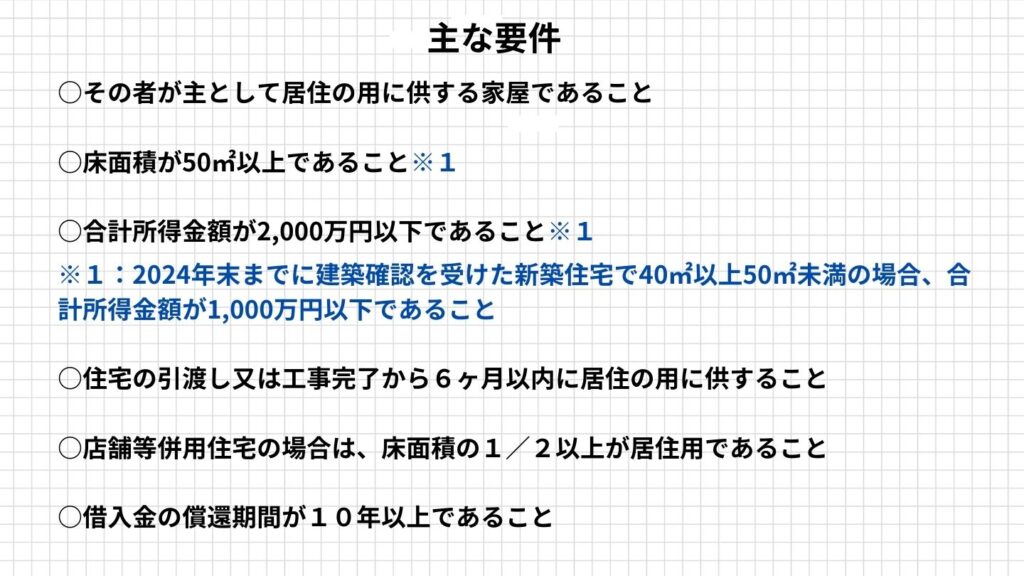 住宅ローンを受けるための主な要件が6点書かれている
①その者が主として居住の用に供する家屋であること
②床面積が50㎡以上であること※１
③合計所得金額が2,000万円以下であること※１
※１ 2024年末までに建築確認を受けた新築住宅で40㎡以上50㎡未満の場合、合計所得金額が1,000万円以下であること
④住宅の引渡し又は工事完了から６ヶ月以内に居住の用に供すること
⑤店舗等併用住宅の場合は、床面積の１／２以上が居住用であること
⑥借入金の償還期間が１０年以上であること
