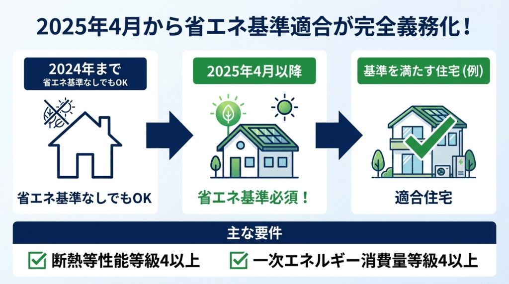 愛知県稲沢市で新築住宅を購入する際に知っておくべき2025年4月からの省エネ基準適合義務化を説明する図、断熱等性能等級4以上と一次エネルギー消費量等級4以上が必須要件となることを視覚的に解説