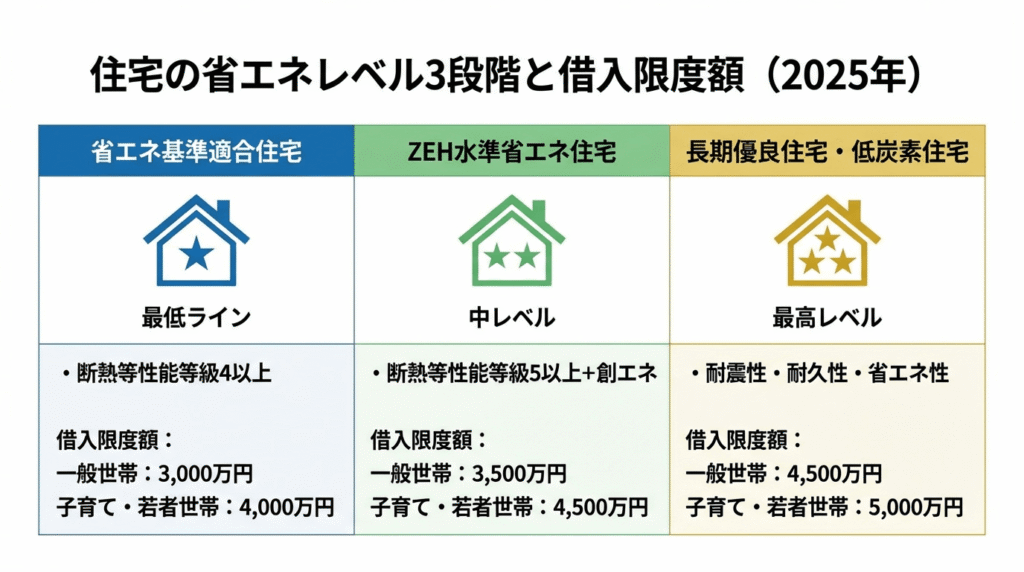 稲沢市で住宅ローン控除を利用する際の省エネ基準レベル3段階の比較表、省エネ基準適合住宅は最大4,000万円、ZEH水準省エネ住宅は最大4,500万円、長期優良住宅・低炭素住宅は最大5,000万円まで借入可能と説明