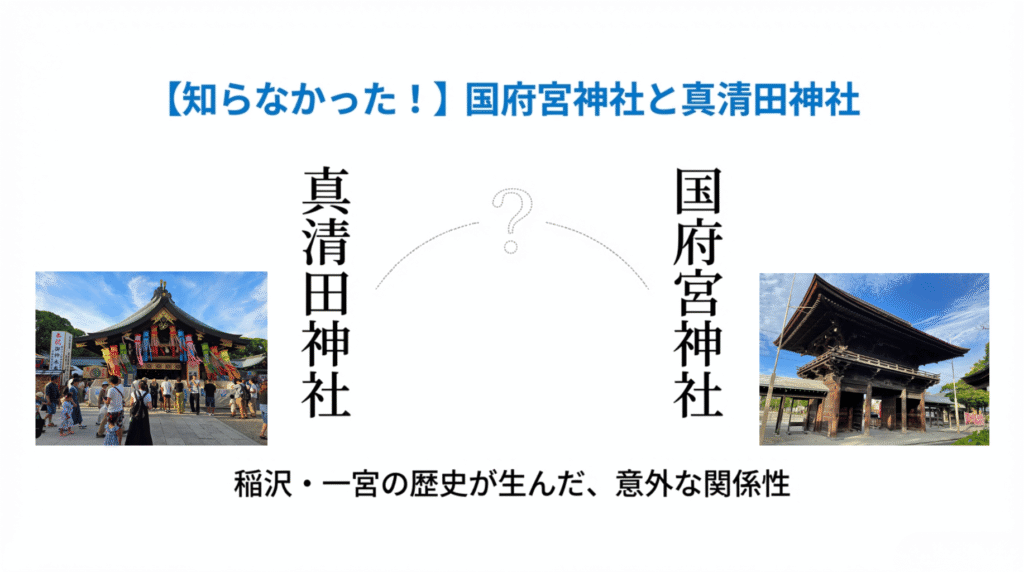 真清田神社と国府宮神社の関係を紹介するタイトル画像。左に真清田神社、右に国府宮神社の写真。中央に「稲沢・一宮の歴史が生んだ、意外な関係性」のテキスト