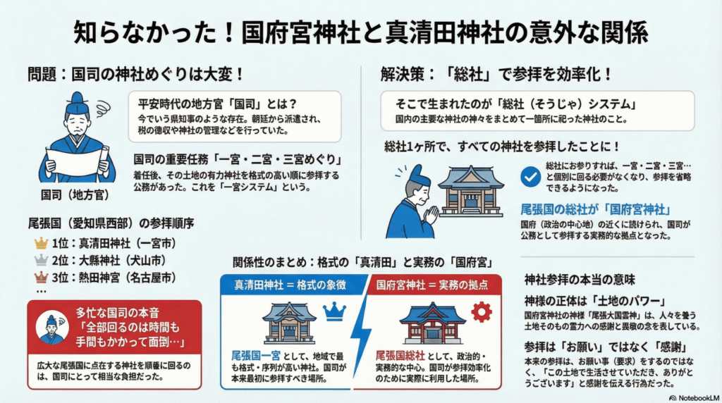 国府宮神社と真清田神社の意外な関係をまとめた横長インフォグラフィック。国司の神社めぐりから総社システム、両神社の役割まで全体像を図解