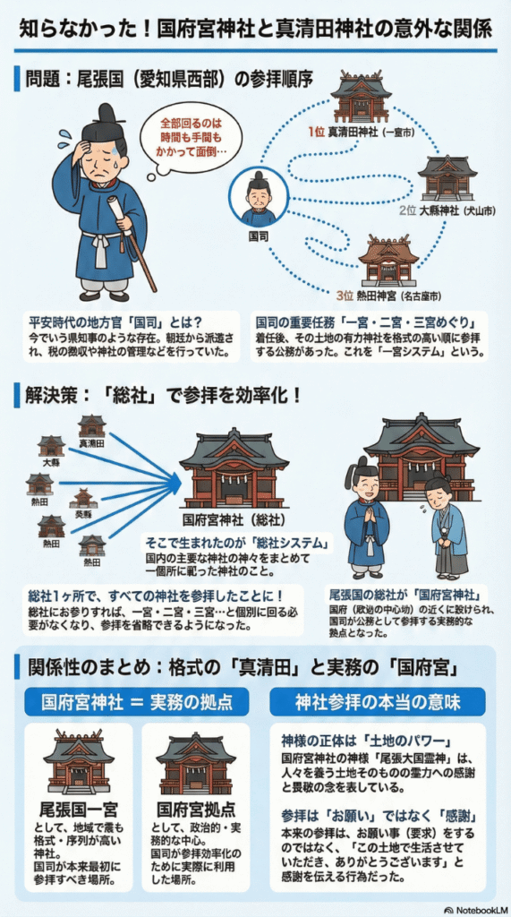 国府宮神社と真清田神社の意外な関係をまとめた縦長インフォグラフィック。問題・解決策・関係性のまとめを縦に配置
