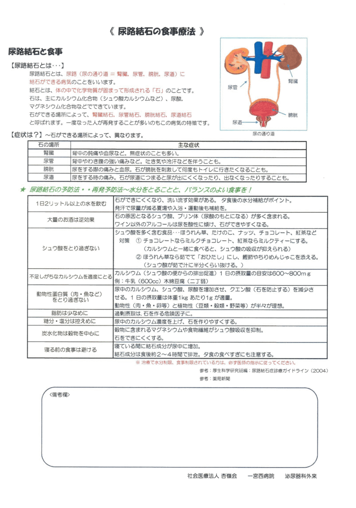 尿路結石の食事療法と予防方法を解説した医療資料。腎臓、尿管、膀胱、尿道の図解と結石の種類別症状、予防のための水分摂取量や食事制限について詳しく記載