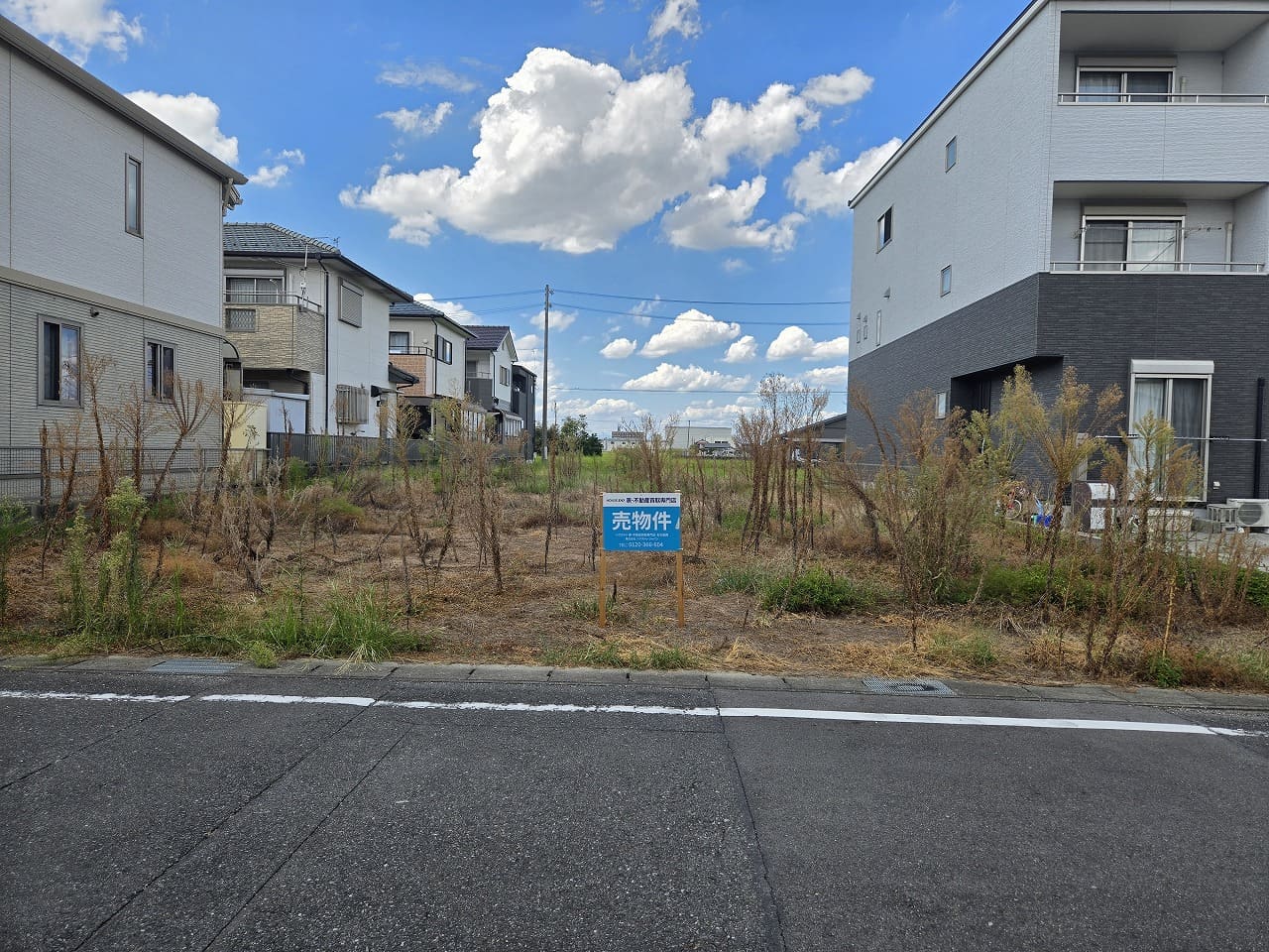 現地土地（正面から撮影）。約50坪の整形地で、建築条件はありません。南側6.0ｍの公道に面し、日当たりの良さが魅力。自由設計で理想のマイホームを実現できる住環境です。