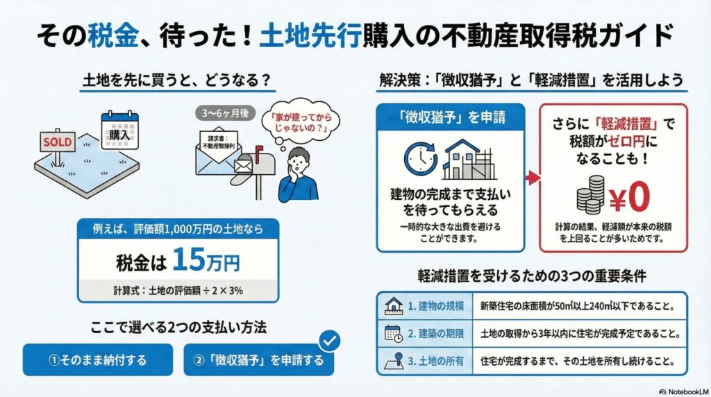 【不動産取得税】土地先行購入で損しない徴収猶予制度｜払わなくていいケースも解説