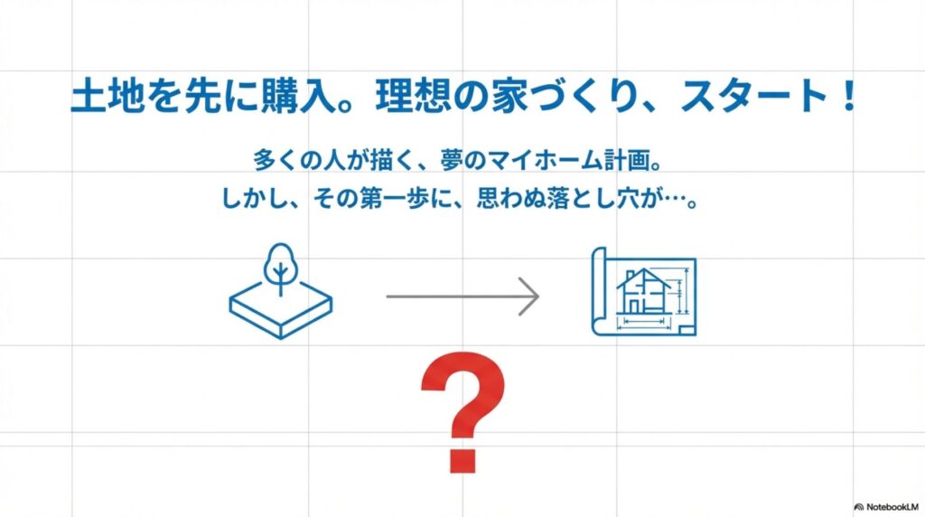 土地を先に購入して理想の家づくりをスタートするイメージ図。左側に土地のアイコン、矢印を経て右側に住宅設計図のアイコンを配置。中央に大きな赤い「？」マークがあり、夢のマイホーム計画の第一歩に思わぬ落とし穴があることを示唆するデザイン