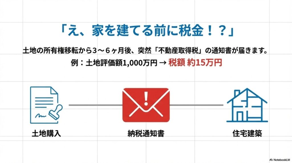 土地先行購入時の不動産取得税の流れを説明した図。左から土地購入の契約書アイコン、中央に赤い納税通知書の封筒アイコン、右に住宅建築のアイコンを時系列で配置。土地の所有権移転から3〜6ヶ月後に突然不動産取得税の通知書が届くことを説明。例として土地評価額1000万円の場合は税額約15万円と表示