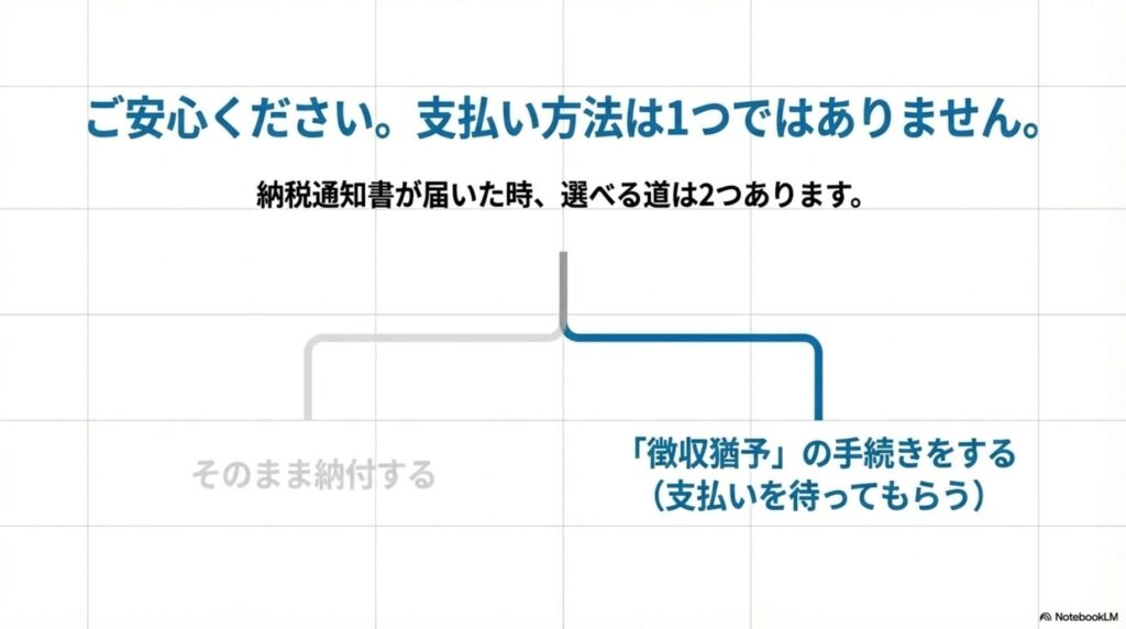 不動産取得税の2つの支払い方法を示した分岐図。上部に「ご安心ください。支払い方法は1つではありません」のメッセージ。納税通知書が届いた時に選べる2つの道として、左にグレーで「そのまま納付する」、右に青色で「徴収猶予の手続きをする（支払いを待ってもらう）」の選択肢を表示