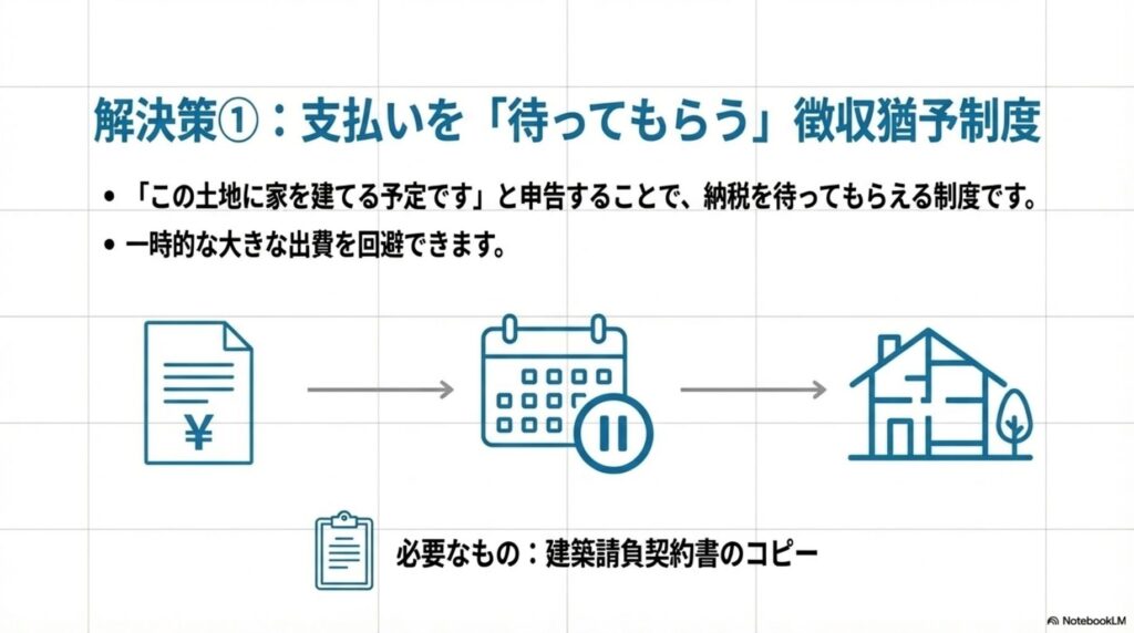 徴収猶予制度を説明した図。解決策①として支払いを待ってもらう徴収猶予制度を紹介。この土地に家を建てる予定ですと申告することで納税を待ってもらえる制度で、一時的な大きな出費を回避できると説明。左から納付書、カレンダー（一時停止マーク付き）、完成した住宅のアイコンを時系列で配置。下部に必要なものとして建築請負契約書のコピーを明記
