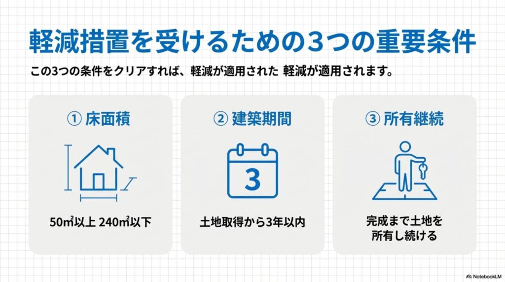 不動産取得税の軽減措置を受けるための3つの重要条件を示した図。条件1は床面積で新築住宅が50平方メートル以上240平方メートル以下であること、条件2は建築期間で土地取得から3年以内に住宅が完成すること、条件3は所有継続で完成まで土地を所有し続けること。各条件にアイコン付きで視覚的に説明