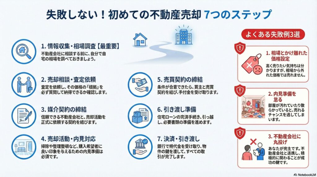 失敗しない初めての不動産売却7つのステップの全体像。左側に1から7までの各ステップ(情報収集・相場調査、売却相談・査定依頼、媒介契約の締結、売却活動・内見対応、売買契約の締結、引き渡し準備、決済・引き渡し)、右側によくある失敗例3選(相場とかけ離れた価格設定、内見準備を怠る、不動産会社に丸投げ)を図解