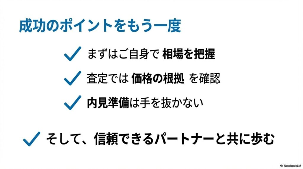 不動産売却成功のポイント4つ:相場を自分で把握、査定で価格の根拠を確認、内見準備は手を抜かない、信頼できるパートナーと共に歩む