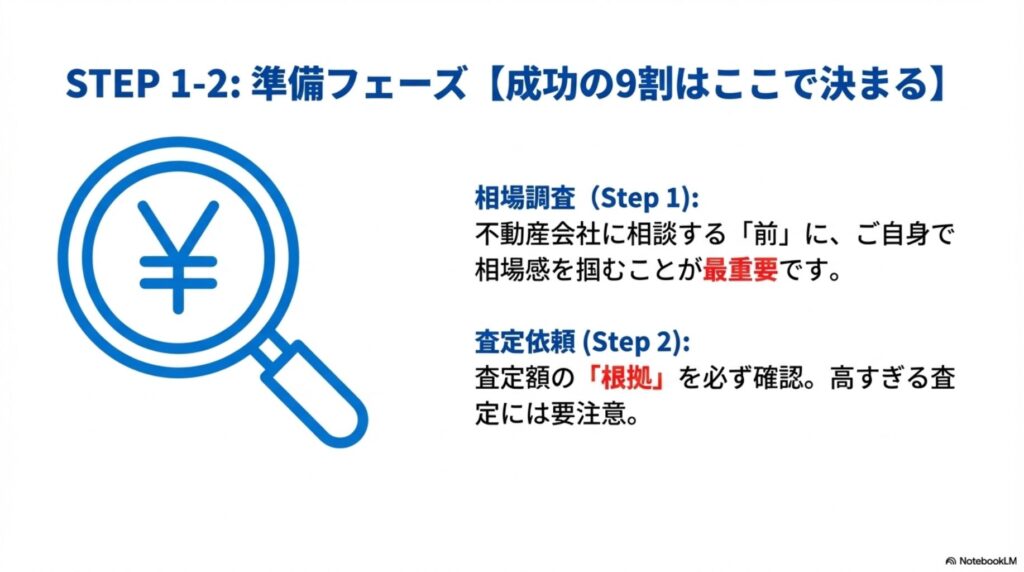 STEP1-2準備フェーズで成功の9割が決まる。相場調査では不動産会社に相談する前に自分で相場感を掴むことが最重要。査定依頼では査定額の根拠を必ず確認し、高すぎる査定には要注意