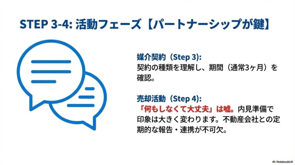 STEP3-4活動フェーズではパートナーシップが鍵。媒介契約では契約の種類を理解し期間(通常3ヶ月)を確認。売却活動では何もしなくて大丈夫は嘘、内見準備で印象は大きく変わり、不動産会社との定期的な報告・連携が不可欠