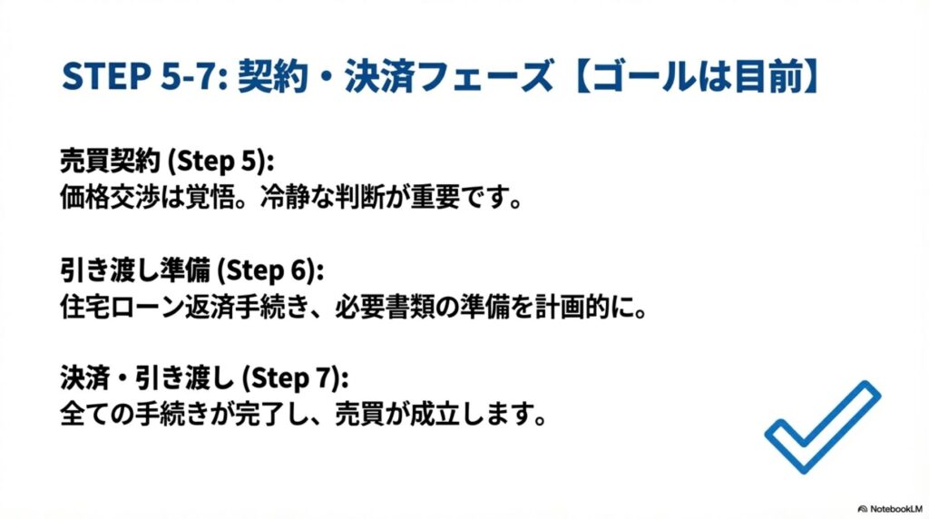STEP5-7契約・決済フェーズでゴールは目前。売買契約では価格交渉は覚悟し冷静な判断が重要。引き渡し準備では住宅ローン返済手続きと必要書類の準備を計画的に。決済・引き渡しで全ての手続きが完了し売買が成立