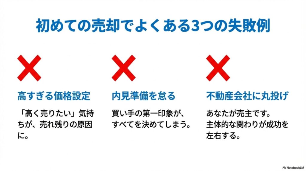 初めての売却でよくある3つの失敗例:1.高すぎる価格設定-高く売りたい気持ちが売れ残りの原因に、2.内見準備を怠る-買い手の第一印象がすべてを決めてしまう、3.不動産会社に丸投げ-あなたが売主です主体的な関わりが成功を左右する