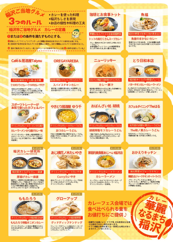 稲沢カレーフェスティバル2025出店店舗一覧ポスター第2弾 左上に赤字で稲沢ご当地グルメ3つのルールを表示 稲沢らしさを表現 お店の個性や工夫 カレーを使った料理の3項目 右上に珈琲とお食事トットと魚福の店舗情報 4列5段のグリッドで20店舗を紹介 Cafe居酒屋Taiyou OREGAYAREBA ニューリッキー とり日和本店 スポーツバープーカ やきとり居酒屋ゆう千 おばんざい処胡桃 カフェ&ダイニングTheはる 稲沢カレー研究所 あじ横だたいやき 鶴べ居酒屋魚房 あかまつキッチン ももたろう グローアップの各店舗写真とメニュー名を掲載 右下に華麗なるまち稲沢の赤い円形ロゴ 下部にカレーフェス会場では食べ比べられる量をお値打ち価格で提供の注意書き
