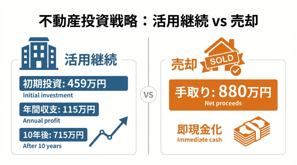 相続アパートの活用継続と売却を10年間で比較したインフォグラフィック。活用継続は初期投資459万円で10年後715万円、売却は即手取り880万円を図解