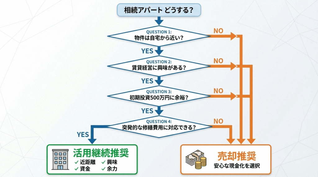【あなたはどちらを選ぶべき？】4つの質問に答えるだけで、活用継続と売却のどちらが適しているか診断できます。すべての条件を満たす場合のみ活用継続がおすすめです。