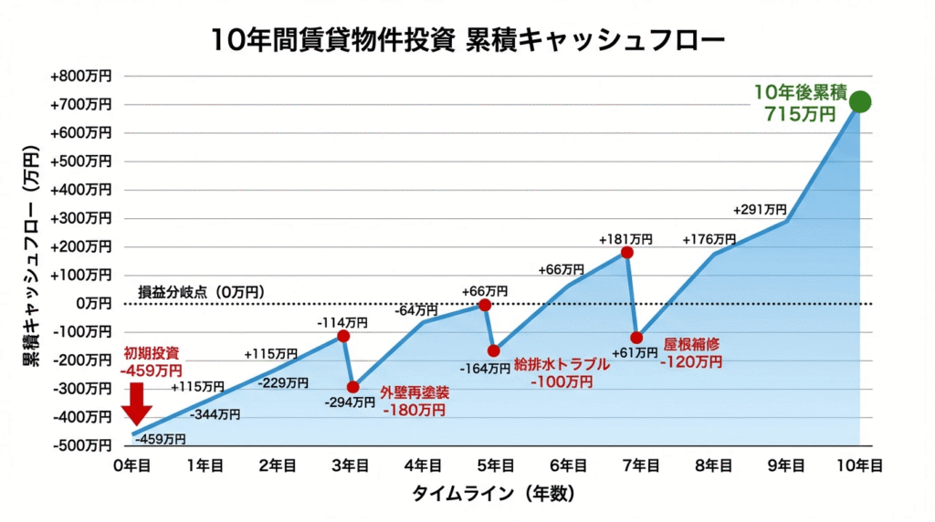 賃貸アパート活用継続の10年間キャッシュフロー推移グラフ。初期投資マイナス459万円から年間収支プラス115万円で上昇、突発的修繕費用で凹みながら10年後715万円に到達