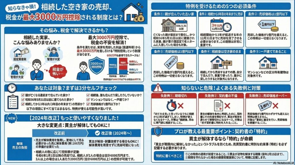 相続した空き家を売却する際に、最大3000万円の譲渡所得控除が受けられる制度について、対象条件、注意点、よくある失敗例までを一枚でまとめた解説図。
