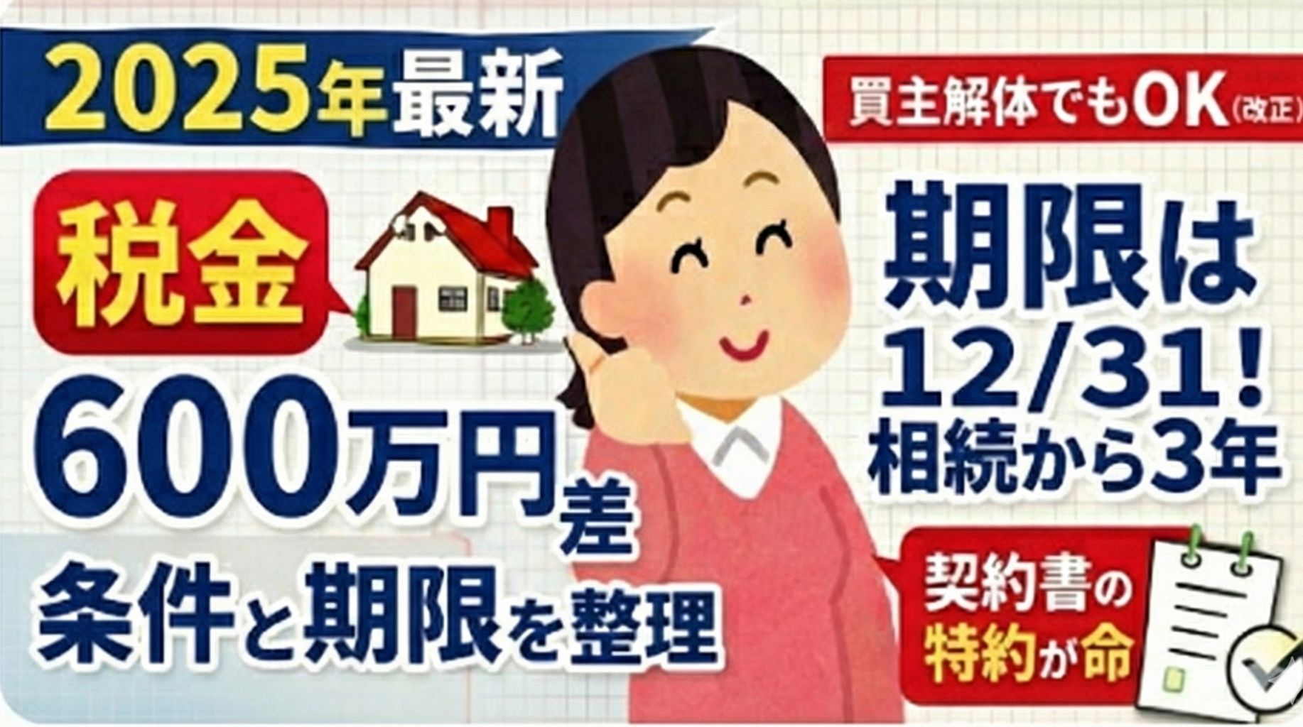 2025年最新の相続空き家3000万円特別控除について、条件と期限を整理した解説画像。税金が最大600万円変わる可能性があること、売却期限は相続から3年以内で12月31日までであること、2024年改正により買主解体でも特例が使えること、そして売買契約