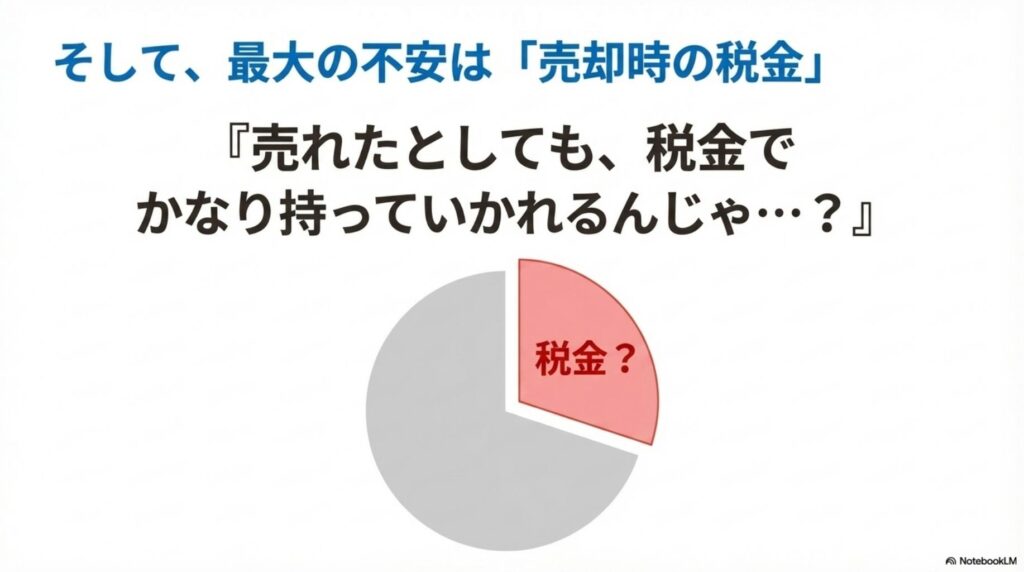 相続した空き家が売れたとしても、税金で多く取られてしまうのではないかという不安を、円グラフで視覚的に表現したイラスト。