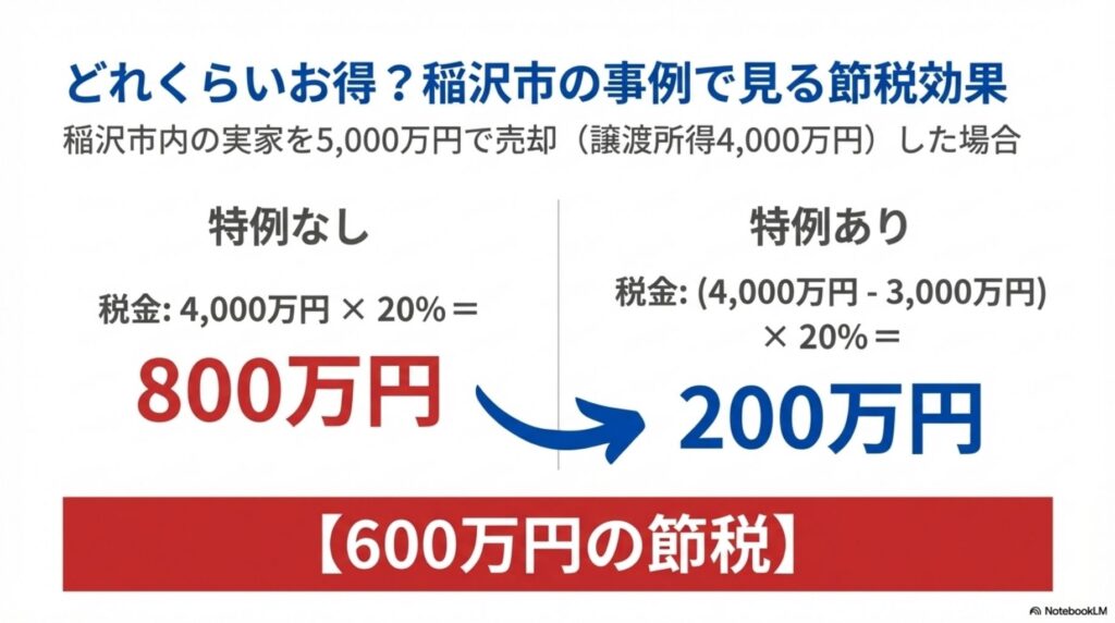 相続空き家の3000万円特別控除を使う場合と使わない場合で、譲渡所得税に約600万円の差が出る可能性があることを、女性のイラストと数字で分かりやすく示した画像。