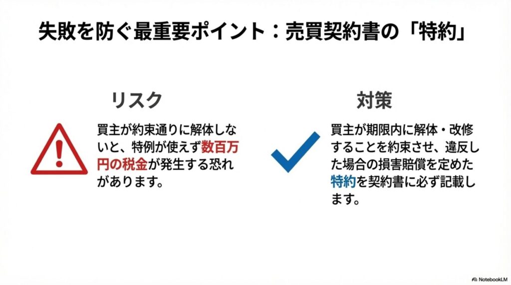 買主が約束通りに解体しない場合、相続空き家の3000万円特別控除が使えず数百万円の税金が発生するリスクと、それを防ぐために売買契約書へ特約を必ず入れる必要があることを、リスクと対策に分けて説明した図。