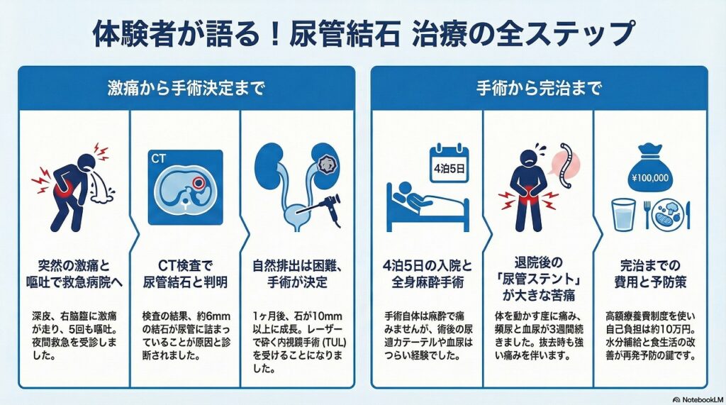 尿管結石治療の全ステップ解説図・激痛から手術決定・手術から完治までの流れ・体験者が語る治療経過