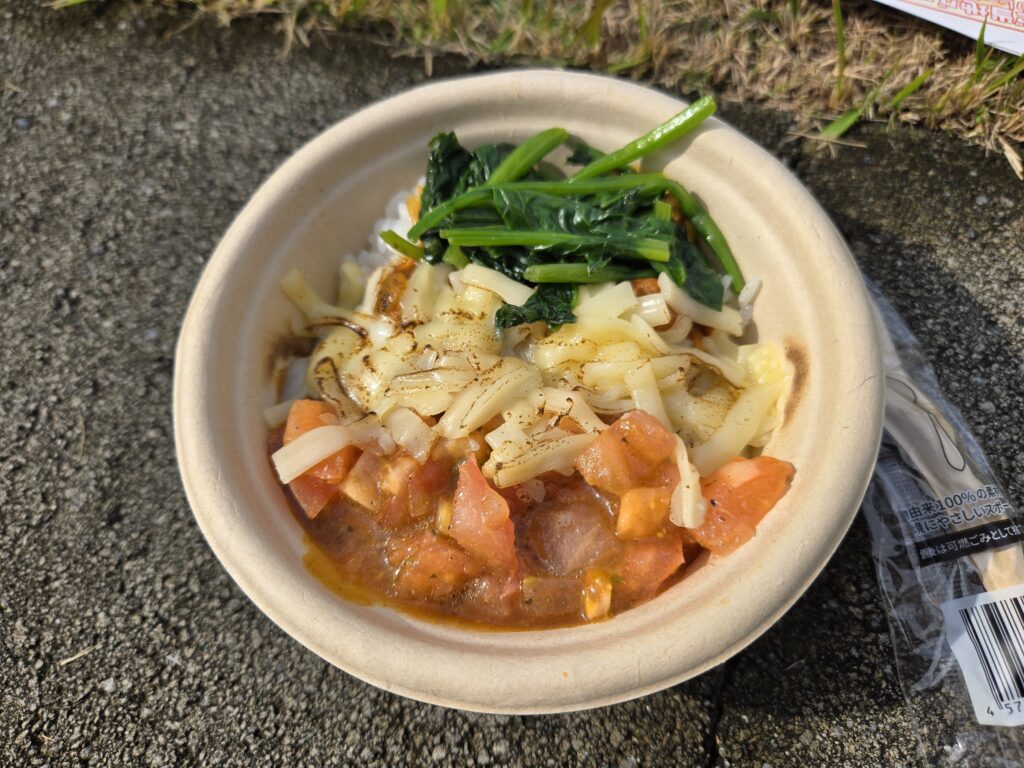 白い紙製の丸皿に盛られた焦がしチーズのイタリアントマトカレー。底にはトマトベースの鮮やかなオレンジ色のカレールーが広がり、その上に焦がしチーズが層を成している。チーズの上には白い玉ねぎの細切りが散らされ、黒胡椒がアクセント。最上部には鮮やかな緑色の青菜（ほうれん草または小松菜）がソテーされて添えられ、イタリア国旗の赤・白・緑を連想させる美しい三層構造。プラスチックフォークが添えられ、屋外イベント会場のコンクリート地面の上で撮影。稲沢カレーフェスティバル2025、ピッツェリア アリスの看板メニュー。注文時にバーナーでチーズを炙る演出付き。