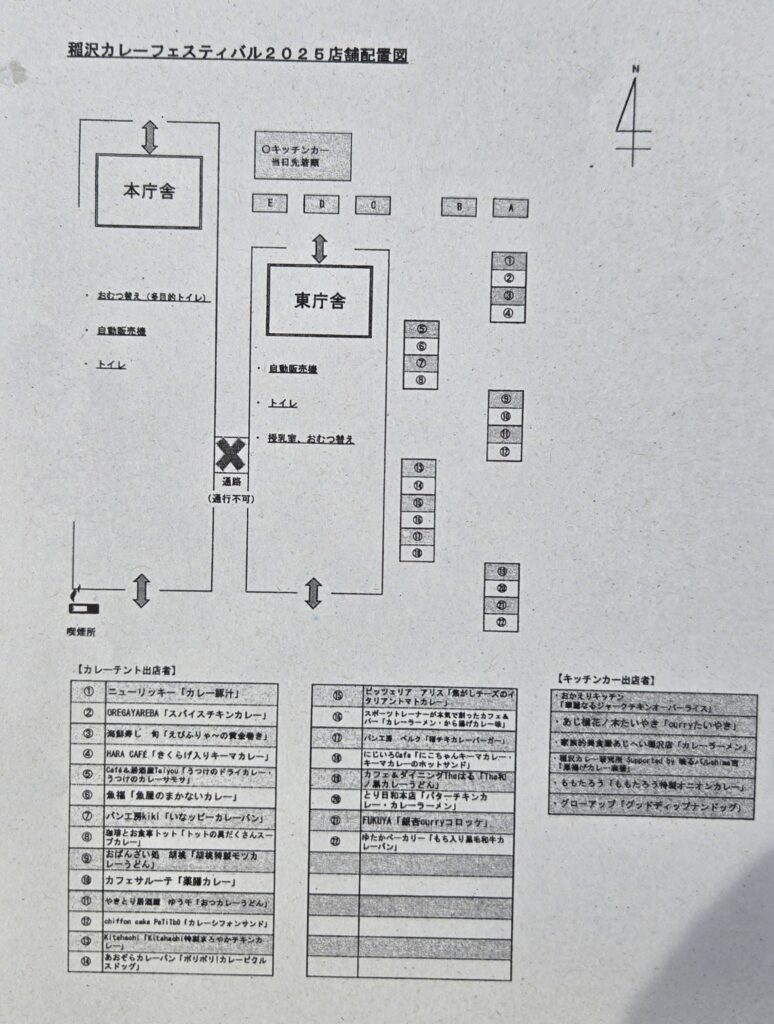 稲沢カレーフェスティバル2025の店舗配置図。白黒印刷された会場マップで、上部に「稲沢カレーフェスティバル2025店舗配置図」とタイトルが記載されている。会場は本庁舎と東庁舎の2つのエリアに分かれ、それぞれの建物の周辺に店舗ブースが配置されている。本庁舎エリアには受付と総合案内があり、東庁舎エリアには自動販売機とトイレ、授乳室が設置されている。右上には方位記号（北を示す矢印）があり、会場の向きが示されている。地図下部には3つの表があり、レストラン出店者リスト、ピッツェリア・アリスやFUKUYAなどの店舗名とメニューが番号付きで記載されている。キッチンカー出店者リストも含まれ、稲沢カレー研究所やおかえりキッチンなど3店舗が掲載されている。