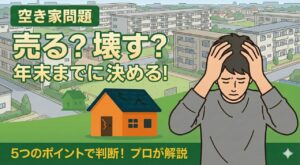 イラスト調のサムネイル画像。左上に緑の見出しで「空き家問題」。大きな文字で「売る？壊す？」、その下に「年末までに決める！」と書かれている。背景は住宅地と中層マンションが並ぶ街並みの俯瞰イメージ。左下には小さな一戸建てのイラスト（屋根に劣化や汚れを示すような表現）があり、空き家を象徴している。右側には、両手で頭を抱えて困っている男性のイラストが配置され、空き家を相続した人の悩みを表している。下部の帯に「5つのポイントで判断！プロが解説」とあり、空き家を“売却するか”“解体して更地にするか”を、チェックポイントで判断できる内容であることを示している。:contentReference[oaicite:1]{index=1}