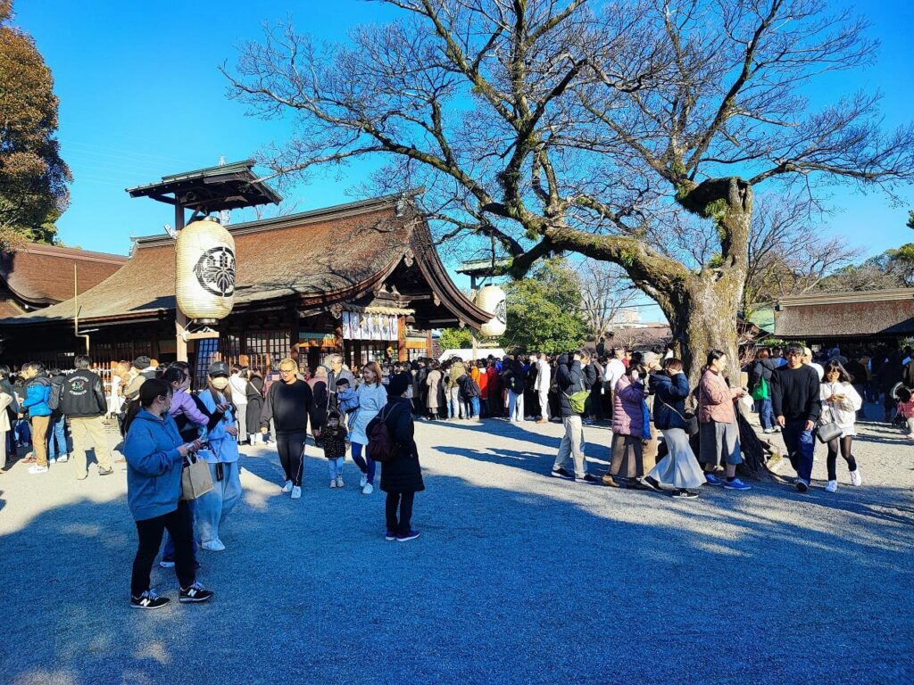 国府宮神社境内の初詣風景。快晴の青空の下、左側に拝殿、中央に樹齢数百年と思われる大きな御神木がそびえ立つ。境内には冬枯れした落葉樹と常緑樹が混在し、冬の神社の風情を感じさせる。多くの参拝客が境内を散策し、拝殿前に並ぶ人々や写真を撮る家族連れの姿が見られる。右側には授与所や社務所が配置されている。2024年1月2日撮影。