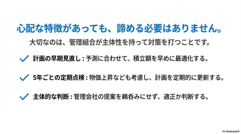 心配な特徴があっても諦める必要はないことを示すスライド。大切なのは管理組合が主体性を持って対策を打つこと。3つのチェックマーク付きで対策を列挙:①計画の早期見直し(予測に合わせて積立額を早めに最適化)、②5年ごとの定期点検(物価上昇なども考慮し計画を定期的に更新)、③主体的な判断(管理会社の提案を鵜呑みにせず適正か判断)。