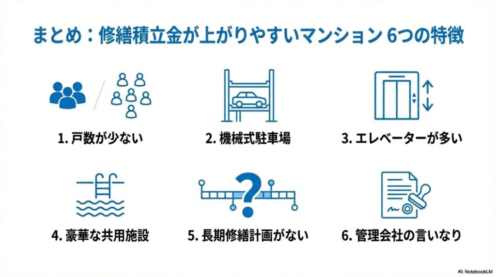 修繕積立金が上がりやすいマンション6つの特徴を一覧表示。①戸数が少ない(20〜30戸など)、②機械式駐車場がある、③エレベーターの台数が多い、④豪華な共用施設がある、⑤長期修繕計画がない、⑥管理会社の言いなりになっている。各項目にアイコンと簡潔な説明が添えられている。
