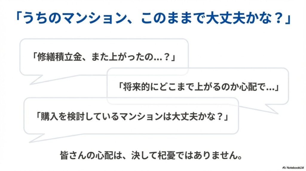 マンション所有者の3つの典型的な不安を吹き出しで表示。「修繕積立金、また上がったの...?」「将来的にどこまで上がるのか心配で...」「購入を検討しているマンションは大丈夫かな?」下部に「皆さんの心配は、決して杞憂ではありません。」というメッセージ。