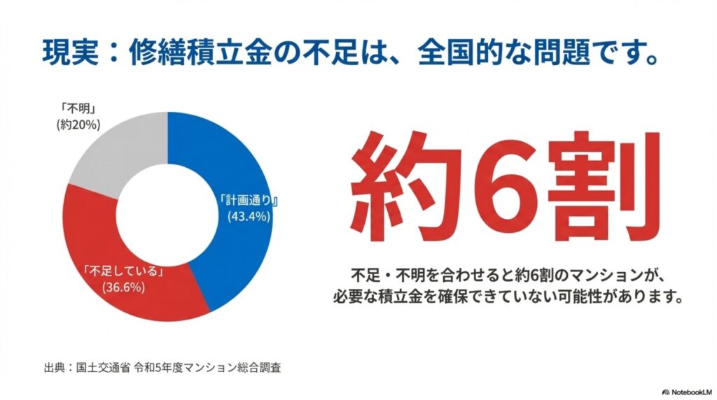 国土交通省の調査データを示す円グラフ。マンション修繕積立金の状況について、「計画通り」43.4%、「不足している」36.6%、「不明」20%の割合を表示。約6割のマンションで修繕積立金が不足または不明という全国的な問題を示している。