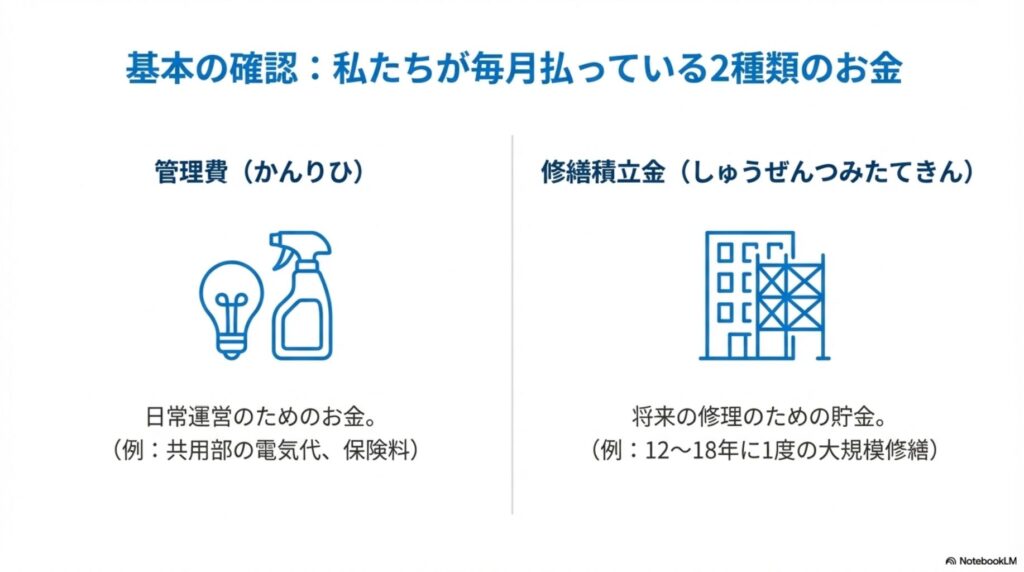 管理費と修繕積立金の違いを図解。左側に管理費として電球とスプレーのアイコン、日常運営のための費用(共用部の電気代、保険料など)と説明。右側に修繕積立金として建物とクレーンのアイコン、将来の修理のための貯金(12〜18年に1度の大規模修繕)と説明。