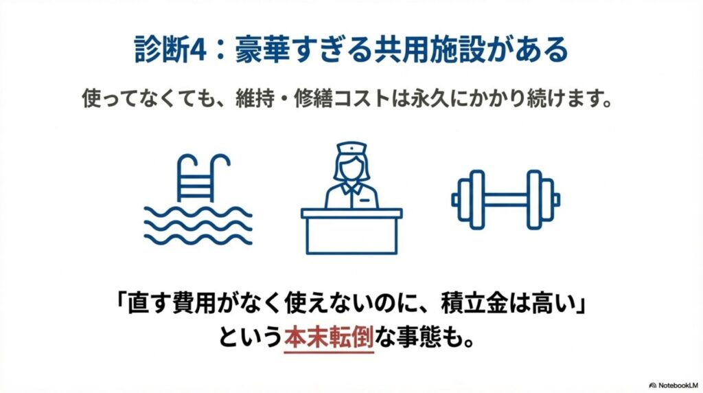 プール、コンシェルジュ、ジムのアイコン。使ってなくても維持・修繕コストは永久にかかり続けることを示す図。「直す費用がなく使えないのに、積立金は高い」という本末転倒な事態も、と説明文が添えられている。