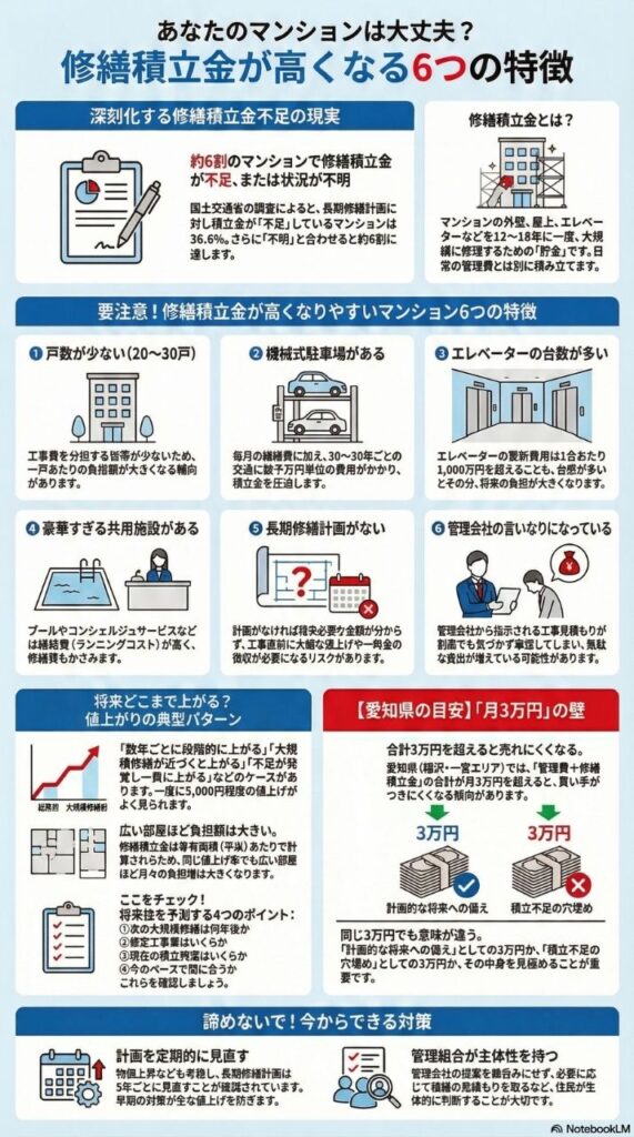 上から順に「深刻化する修繕積立金不足の現実」、「修繕積立金とは?」、「要注意!修繕積立金が上がりやすいマンション6つの特徴」、「将来どこまで上がる?値上がりの典型パターン」、「愛知県の目安:月3万円の壁」、「諦めないで!今からできる対策」を配置。