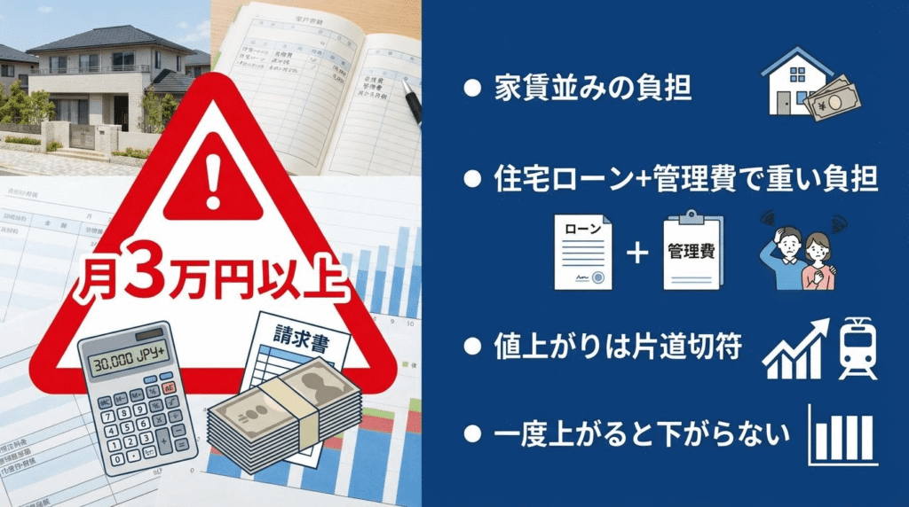 管理費・修繕積立金月3万円以上の負担を示す図解、家賃並みの負担・住宅ローンとの重複・値上がりは片道切符・一度上がると下がらないなど家計への影響を日本語で説明したプロフェッショナルなビジネス文書スタイル