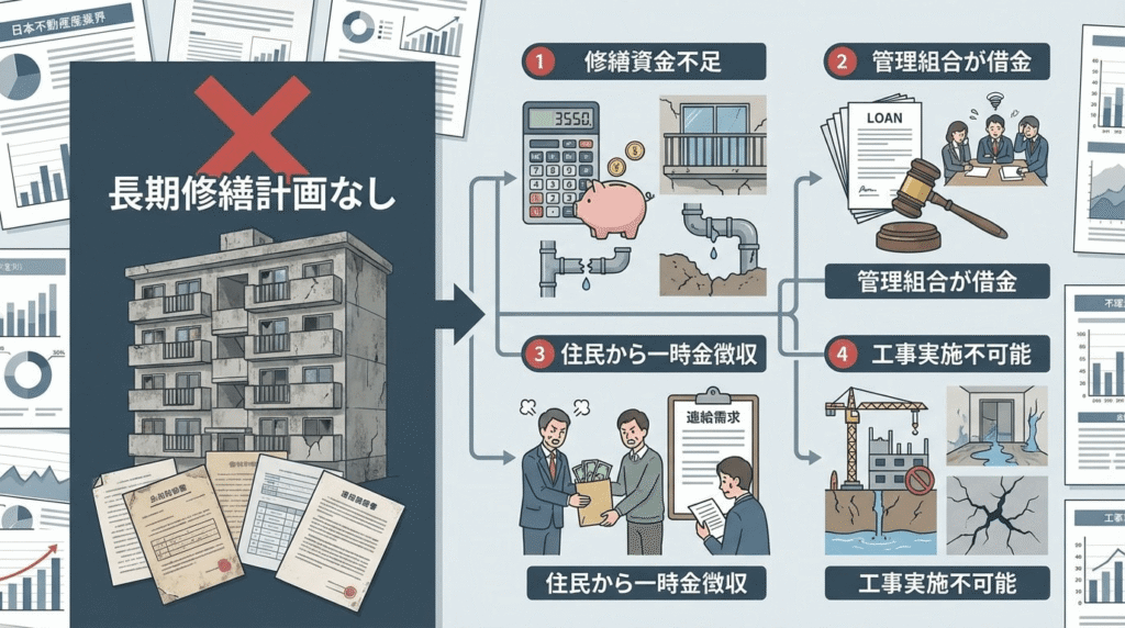 長期修繕計画がないマンションの危険性を示す図解、修繕資金不足・管理組合が借金・住民から一時金徴収・工事実施不可能などのリスクを日本語で説明したプロフェッショナルなビジネス文書スタイル