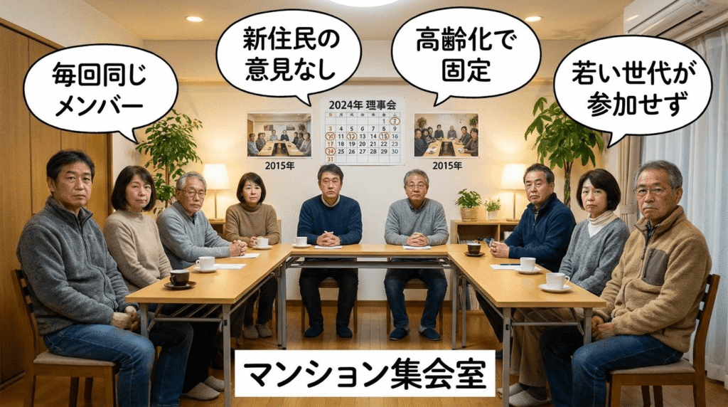 分譲マンションの理事会で役員が固定化している問題、マンション集会室で中高年の住民が毎回同じメンバーで集まり新住民の意見が入らない・高齢化で固定・若い世代が参加しない状況を示すアットホームな図解