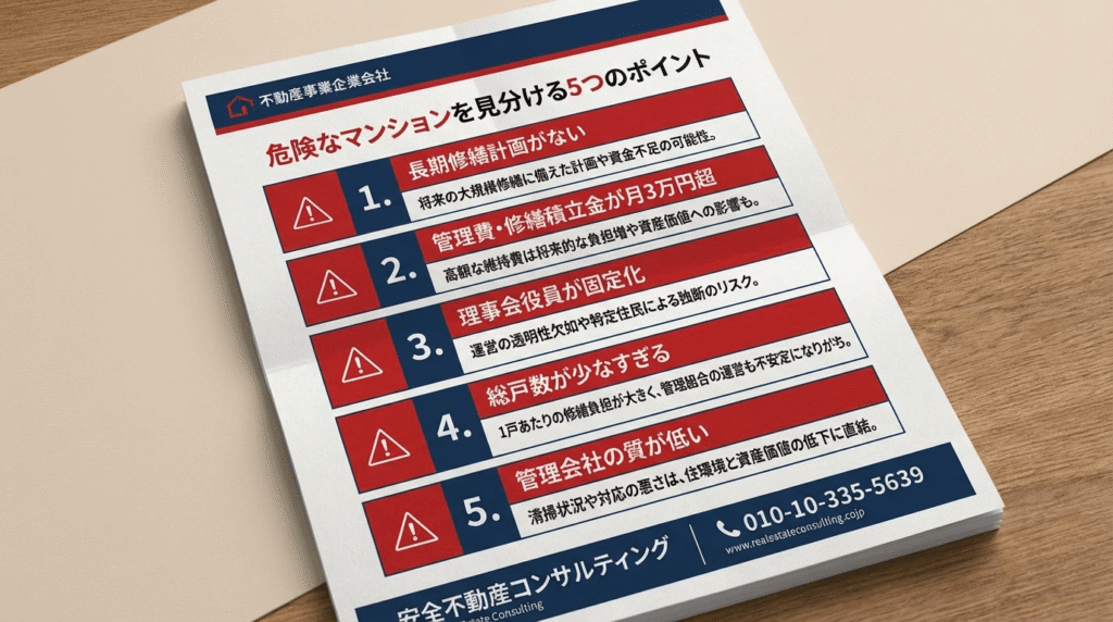 マンション管理士が警告する買ってはいけないマンション5つの特徴、長期修繕計画なし・管理費3万円超・理事会役員固定化・戸数が少ない・管理会社対応不良を番号付きチェックリストで整理したプロフェッショナルな図解