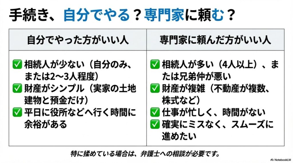 不動産相続手続きを自分でやるか専門家に頼むか判断基準を比較した表。自分でやった方がいい人は相続人が少ない(自分のみまたは2〜3人程度)、財産がシンプル(実家の土地建物と預金だけ)、平日に役所などへ行く時間に余裕がある場合。専門家に頼んだ方がいい人は相続人が多い(4人以上)または兄弟仲が悪い、財産が複雑(不動産が複数、株式など)、仕事が忙しく時間がない、確実にミスなくスムーズに進めたい場合。特に揉めている場合は弁護士への相談が必要と注意書き。