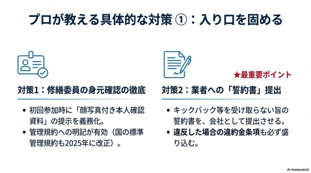 大規模修繕の対策①：修繕委員の身元確認徹底と業者への誓約書提出