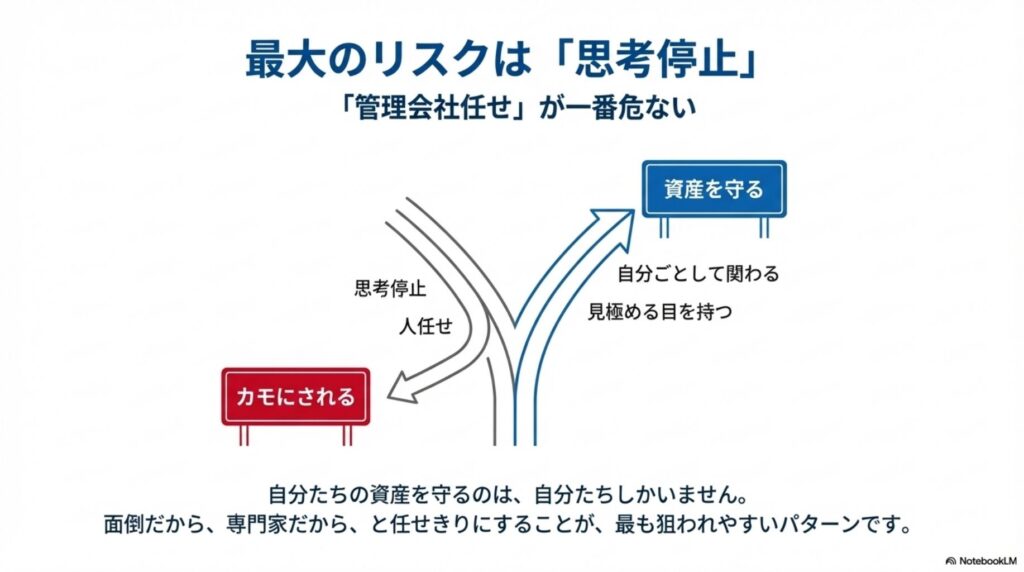 管理会社任せと自分で関わる場合の分岐図：思考停止はカモにされる最大のリスク