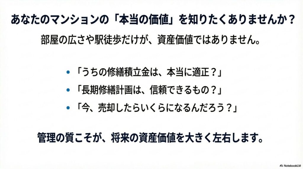 マンションの本当の価値を知るための3つの疑問：修繕積立金・長期修繕計画・売却価格